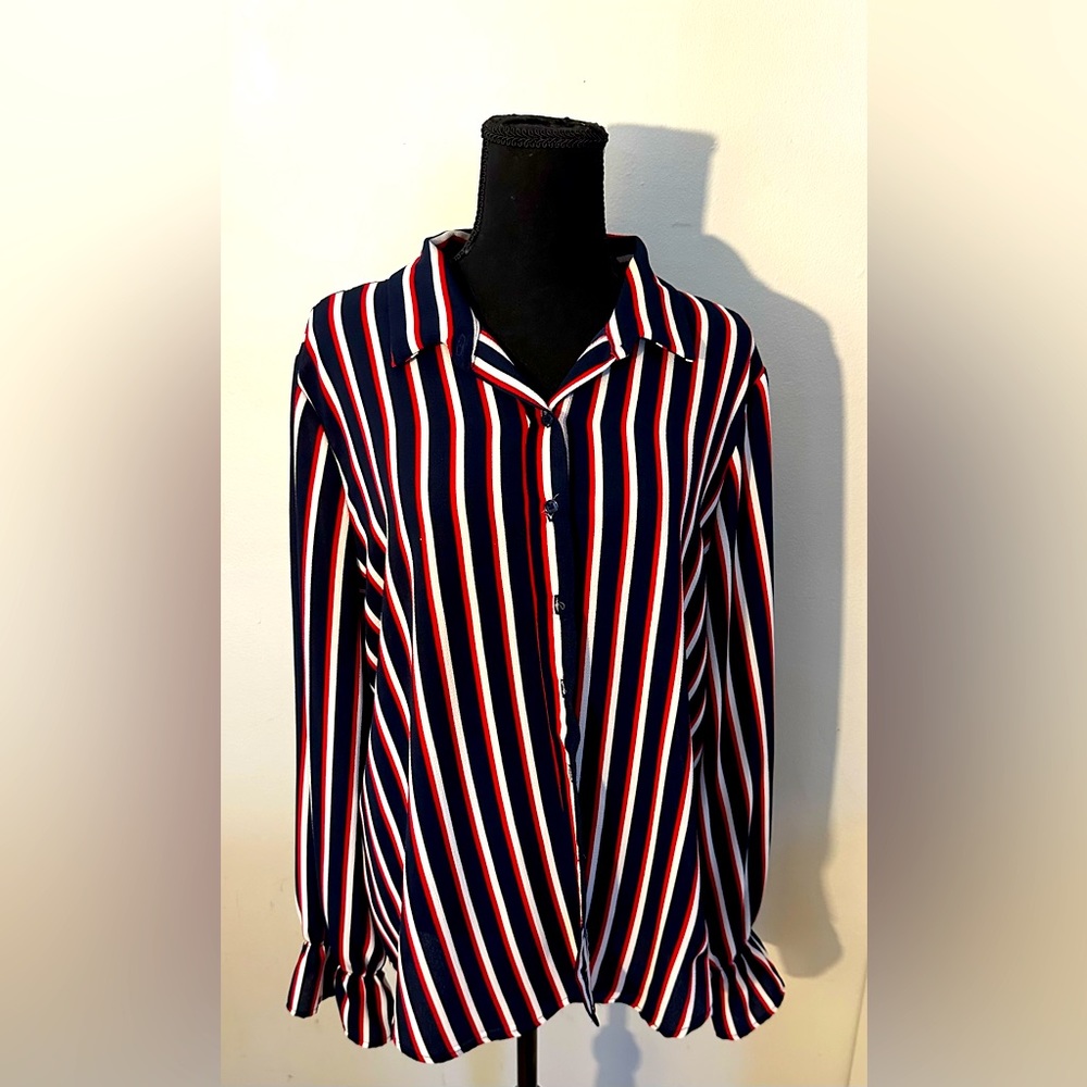 Elle brand red white and blue striped shirt with sleeve detail. Size XL